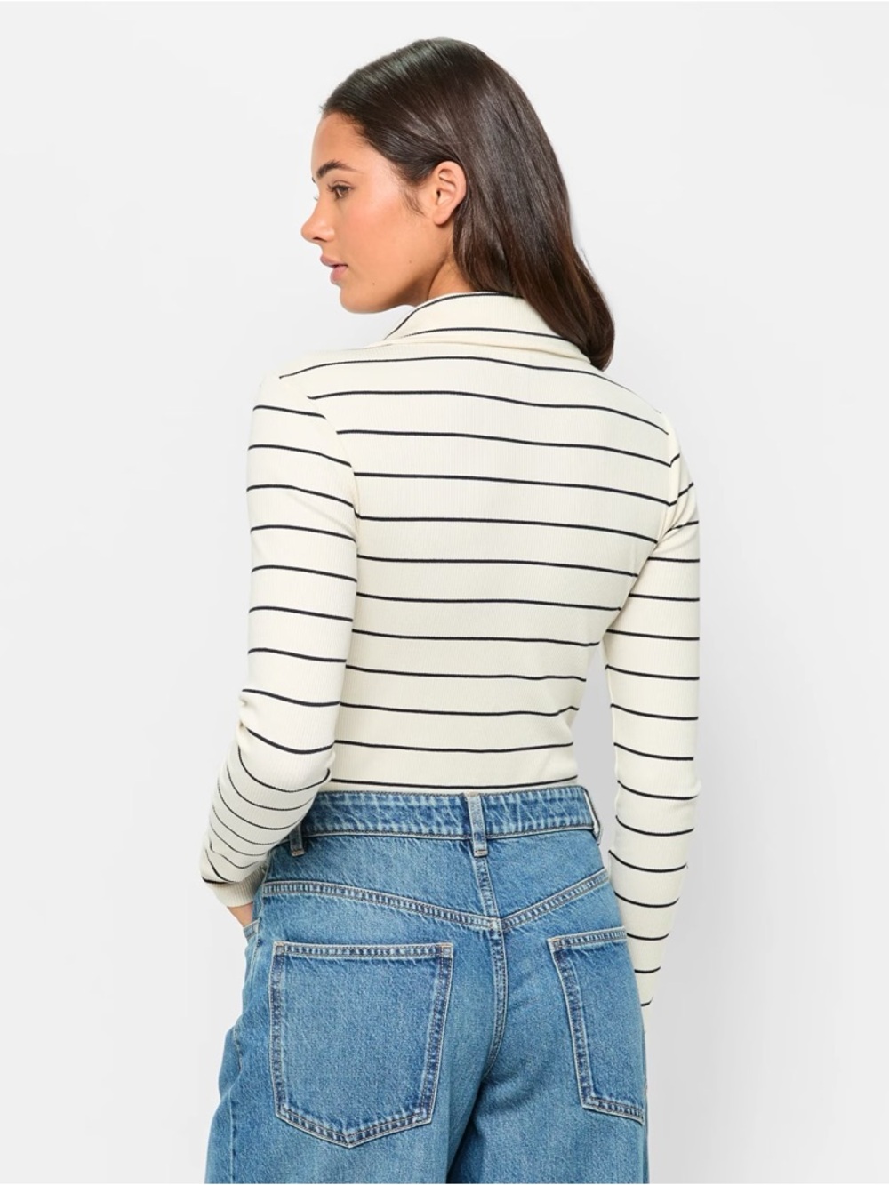 H&M Elegant Striped Long-Sleeve Mock Neck Bodysuit - Cream/Black - Size M